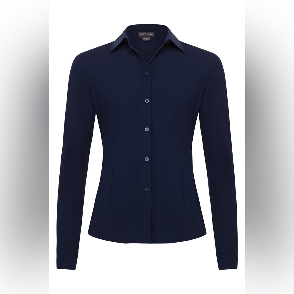 Ameliora Boyfriend Button Up navy travel wrinkle free Shirt New $149